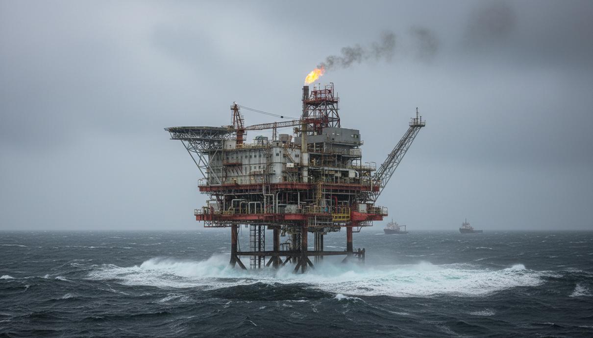 Морская газодобывающая платформа в Северном море в пасмурную погоду. Промышленный объект в открытом море.