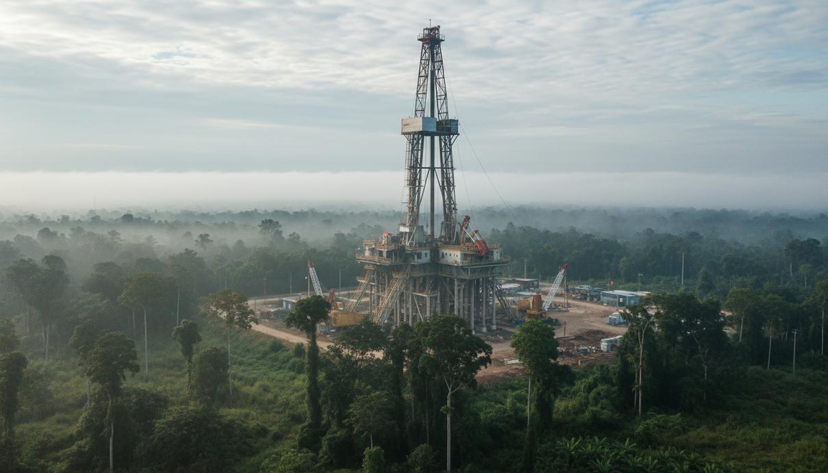 Indonesia Energy бурит новую скважину на блоке Крух на Суматре Нефтегазовая буровая установка на суше, расположенная в густых тропических джунглях острова Суматра, Индонезия.