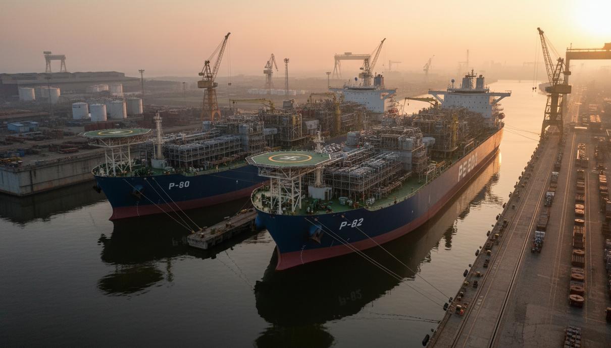 Две плавучие нефтедобывающие установки (FPSO) P-80 и P-82 стоят у причала на верфи в Сингапуре перед отправкой в Бразилию.
