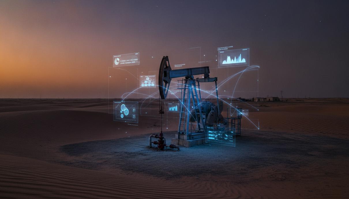 Baker Hughes поможет Kuwait Oil Company оптимизировать добычу в Кувейте Нефтяная скважина в кувейтской пустыне на закате, окруженная светящимися линиями цифровых данных, которые символизируют внедрение ИИ-технологий.