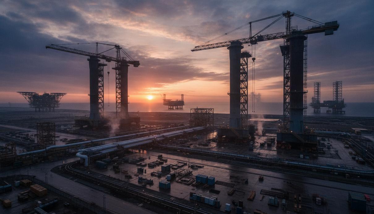 Aurora Energy Services укрупняет подразделение для роста в нефтегазе Производственная площадка с оборудованием для морских нефтегазовых платформ на рассвете.