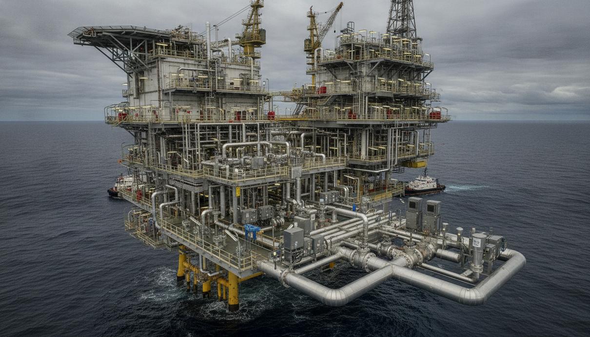 Морская нефтедобывающая платформа в открытом море. На палубе – сеть трубопроводов, клапанов и контрольно-измерительных приборов.