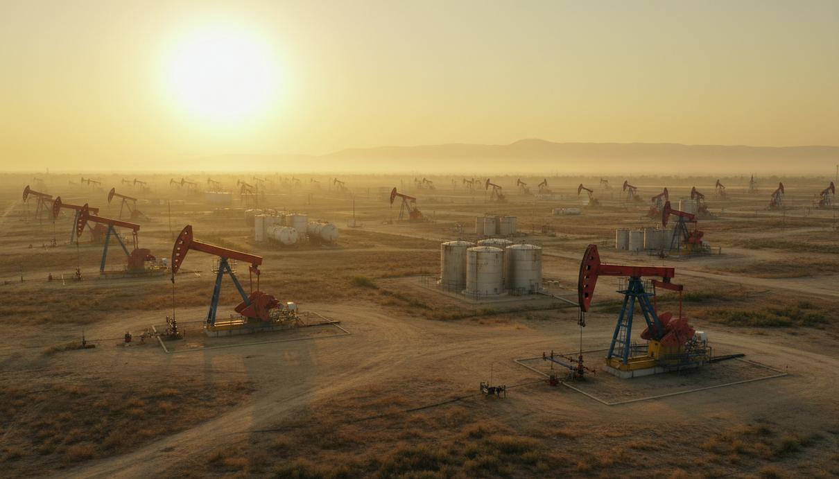 Нефтяные вышки и резервуары на месторождении в Венесуэле на рассвете, простирающиеся до горизонта.