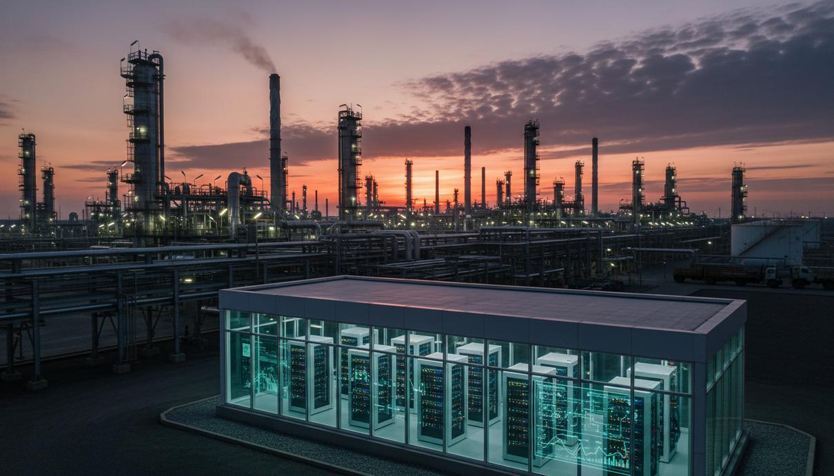 Emerson обновила IIoT-платформу PACEdge для аналитики на промплощадках Промышленный объект нефтегазового комплекса, трубопроводы и серверная комната с экранами для визуализации данных на закате.