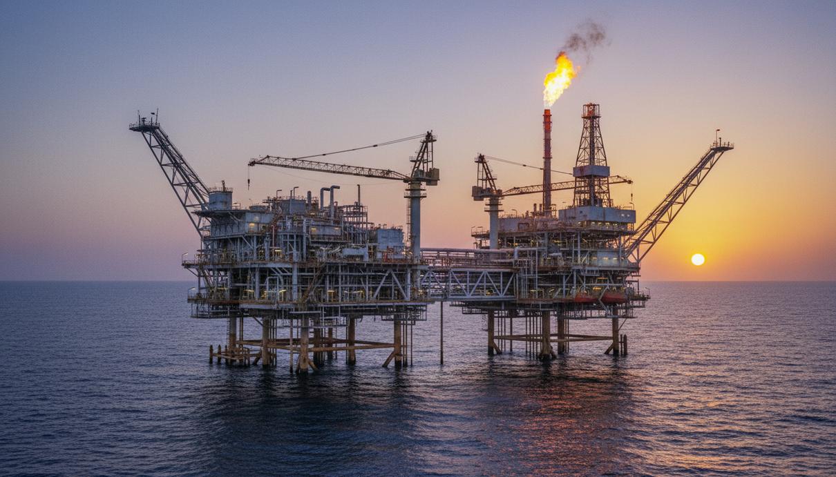 Морская газодобывающая платформа в Средиземном море у побережья Египта на закате.