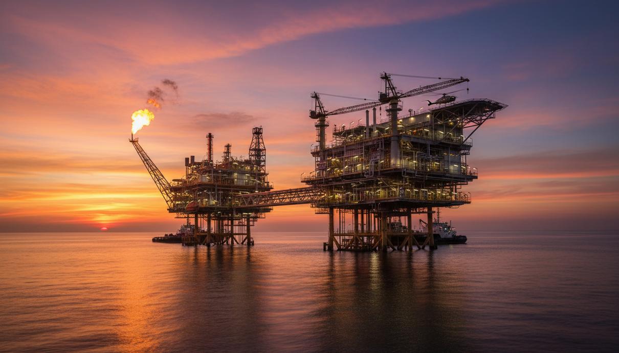 Морская нефтегазовая платформа в океане на закате. Сложная металлическая конструкция с трубами и вышками.