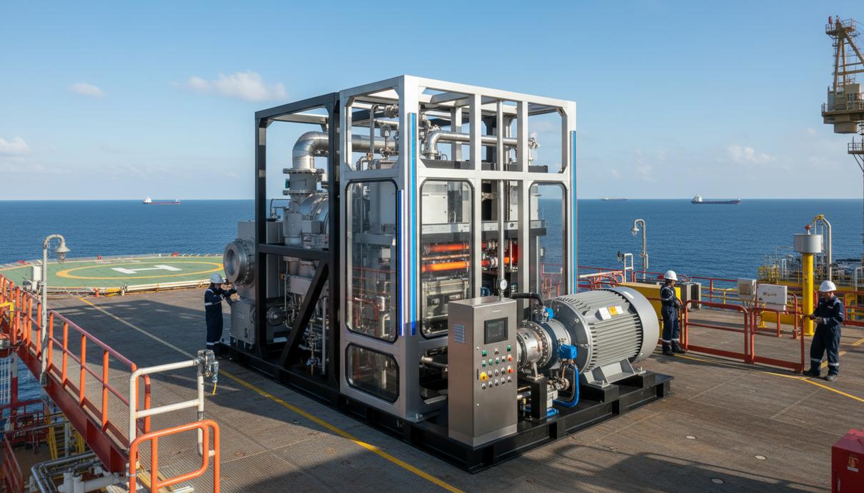 Techouse испытала компактный парогенератор для морских платформ Морская нефтегазовая платформа в открытом море с установленным на палубе новым компактным парогазовым энергоблоком.