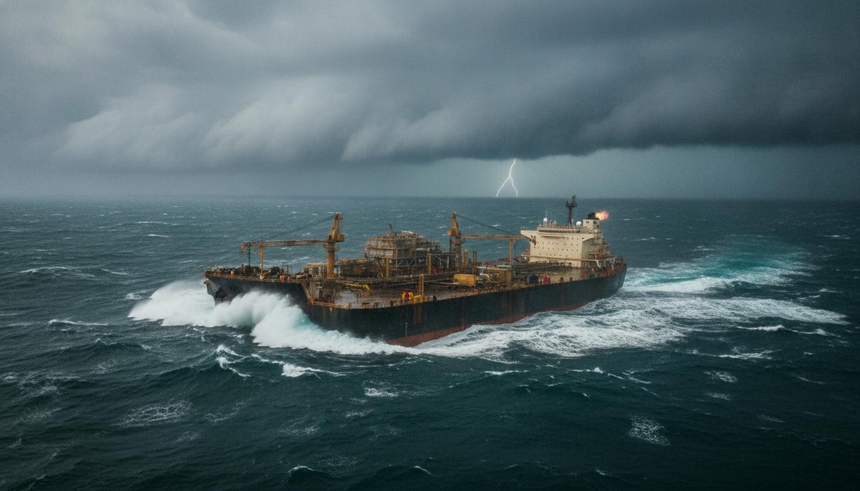 Морская нефтегазовая платформа (FPSO) в неспокойном море на фоне штормового неба. Вид на палубу с оборудованием.