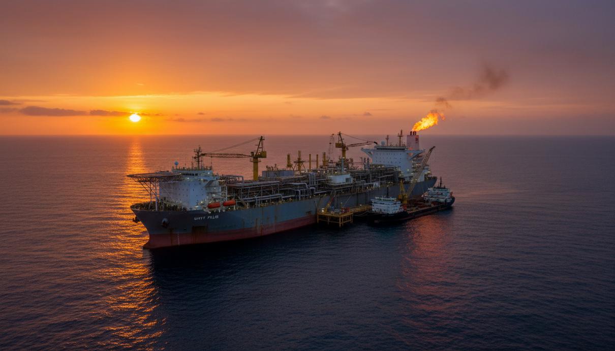 TotalEnergies запустит первый крупный нефтяной проект в Суринаме в 2028 году Плавучая установка для добычи, хранения и отгрузки нефти (FPSO) в Атлантическом океане у побережья Суринама на рассвете.
