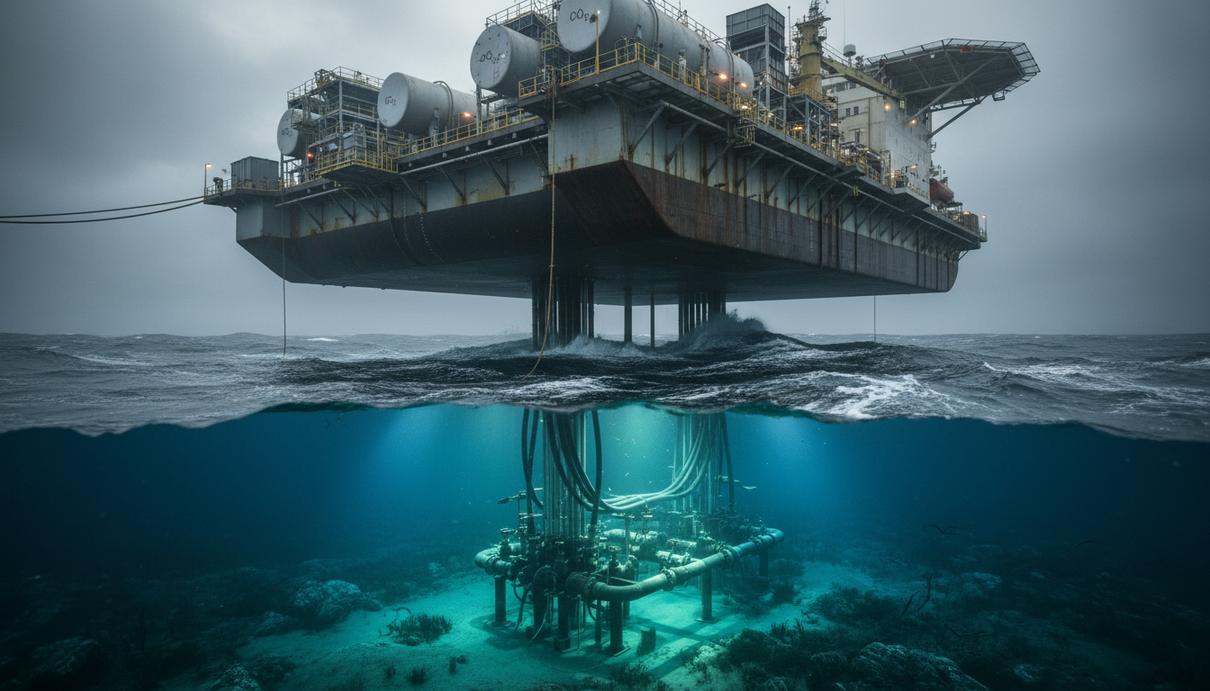 Морская установка для хранения и закачки углекислого газа в Северном море. На дне видна подводная инфраструктура с трубопроводами.
