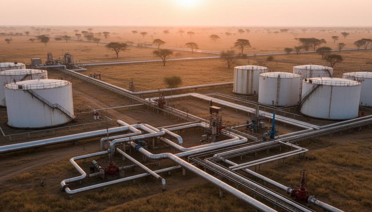 TotalEnergies привлечет $1,8 млрд от GIP за счет доходов с активов в Африке Сеть трубопроводов и резервуары для хранения нефти и газа в африканской саванне на рассвете.