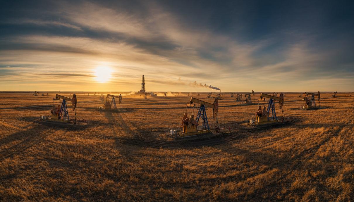 Trio Petroleum вложится в добычу тяжелой нефти в Канаде Нефтяное месторождение в канадских прериях. На равнинном ландшафте видны нефтяные насосы-качалки и буровая вышка на горизонте.