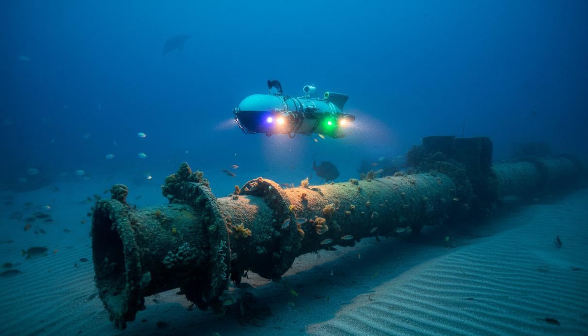 Rosenxt расширила услуги по подводной инспекции морских объектов Автономный подводный аппарат с подсветкой инспектирует морской трубопровод на дне океана.