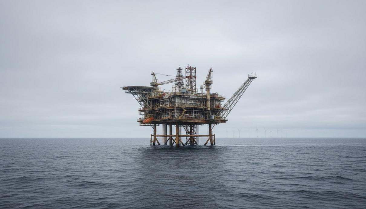 Энергопереход в Британии угрожает тысячам рабочих мест в нефтегазе Офшорная нефтегазовая платформа в Северном море, на горизонте видны ветряные турбины как символ энергоперехода.