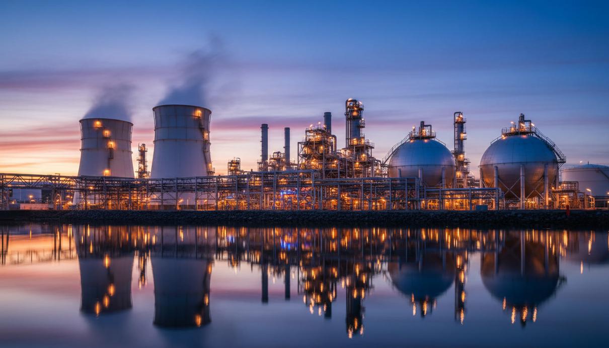 Промышленный комплекс завода по сжижению газа LNG Canada в Китимате. Большие резервуары-хранилища и трубопроводы на берегу.