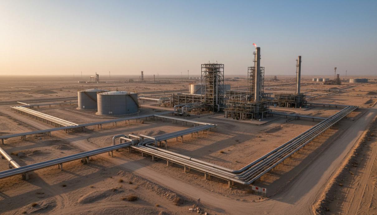 SLB расширит производственный комплекс Bisat в Омане для OQEP Нефтегазовый производственный комплекс с трубопроводами и резервуарами в пустыне Омана на рассвете.