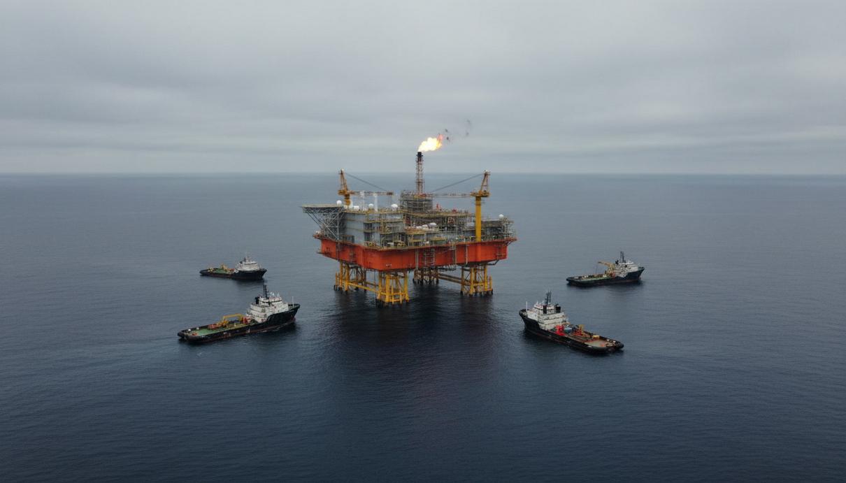 Subsea7 расширила контракт по газовому проекту «Сакарья» в Турции Плавучая добычная установка для газа на шельфе Черного моря в окружении вспомогательных судов, вид с воздуха.