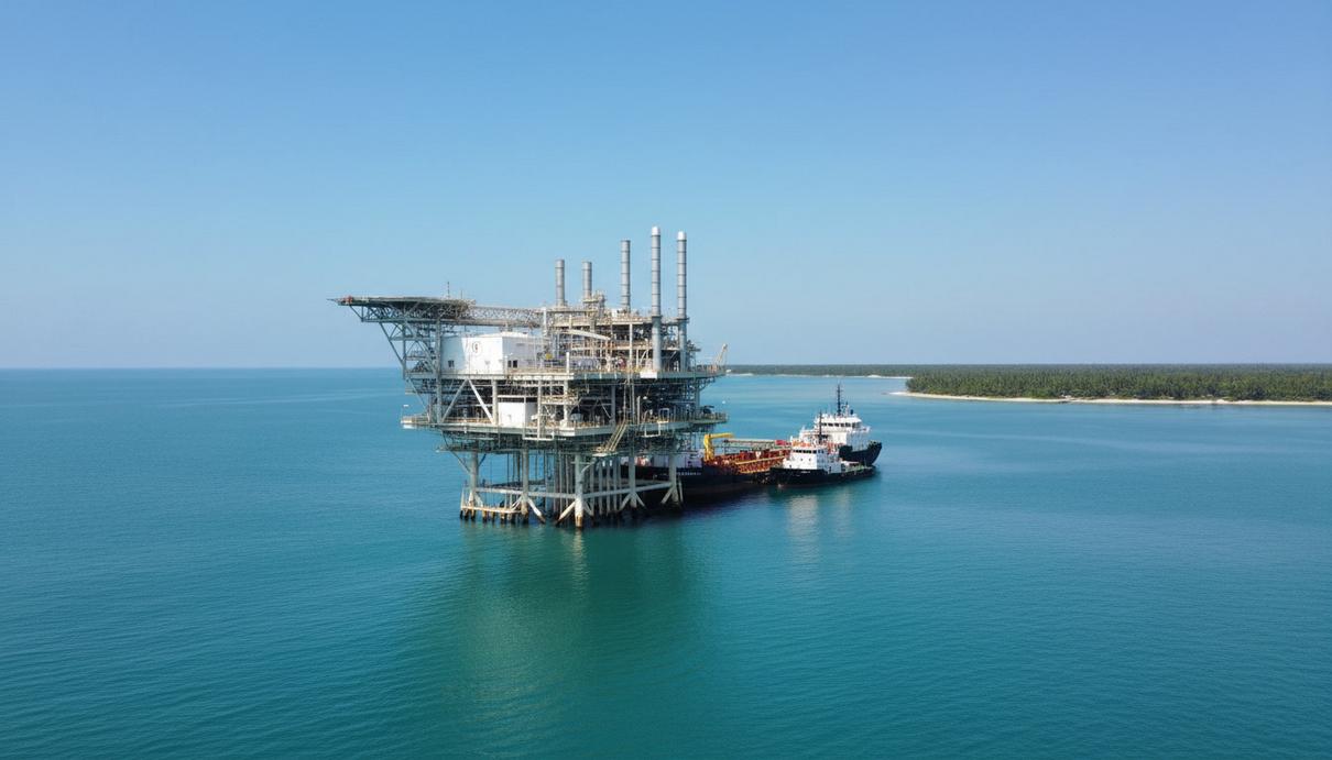 TotalEnergies одобрила газовый проект Ima для завода Nigeria LNG Современная морская газодобывающая платформа в мелководных тропических водах у побережья Нигерии в ясный день.