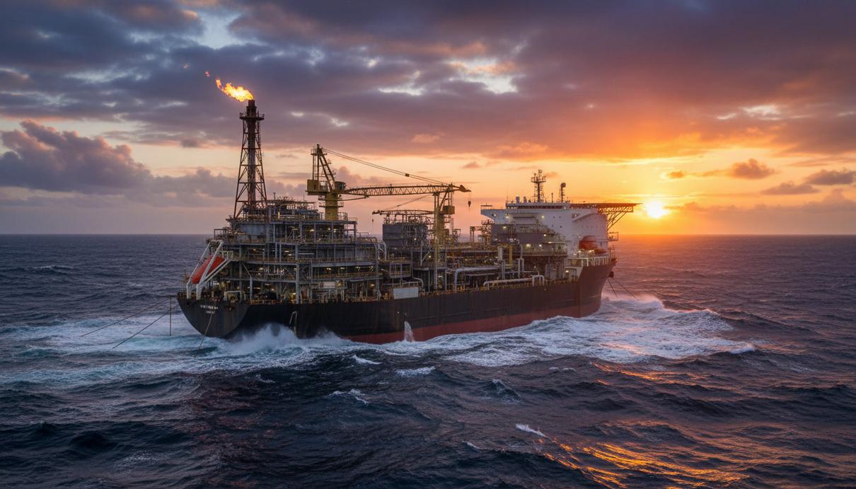Проектирование FPSO: ключевые решения принимают на ранней стадии Огромная плавучая нефтегазовая платформа (FPSO) с трубами и оборудованием на палубе в штормовом море на рассвете.