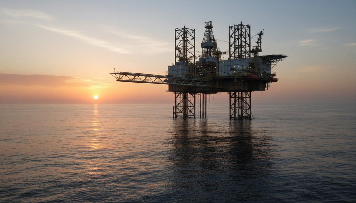 Морская буровая платформа для разведки нефти и газа в океане на рассвете. Шельф бассейна Оранж, ЮАР.