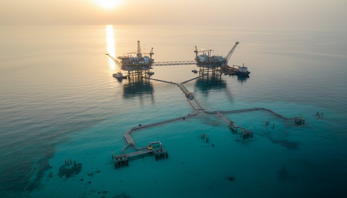TotalEnergies и партнеры одобрили полную разработку месторождения Апшерон Морская газодобывающая платформа в Каспийском море на рассвете.