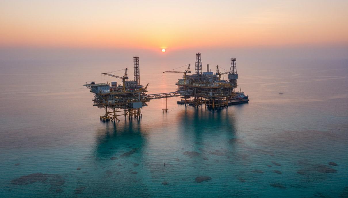 1947 Oil & Gas вышла на LSE для покупки активов в Мексиканском заливе Офшорная нефтегазовая платформа на мелководье в Мексиканском заливе, вид с воздуха на рассвете.