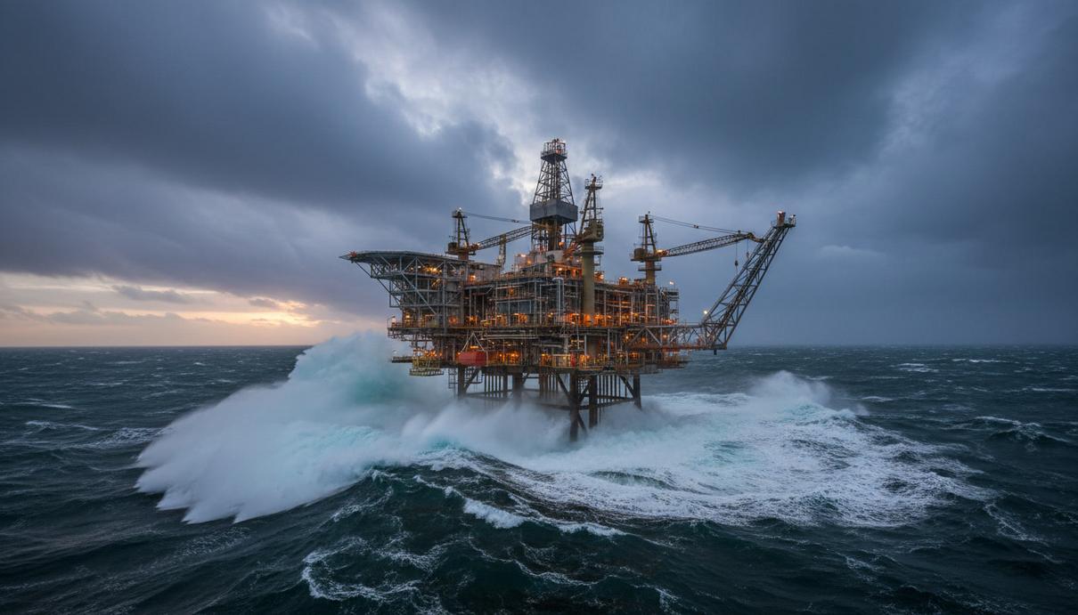 DNO отказалась от борьбы за Capricorn Energy после контрпредложения Genel Морская нефтедобывающая платформа в Северном море во время шторма, вид на закате.