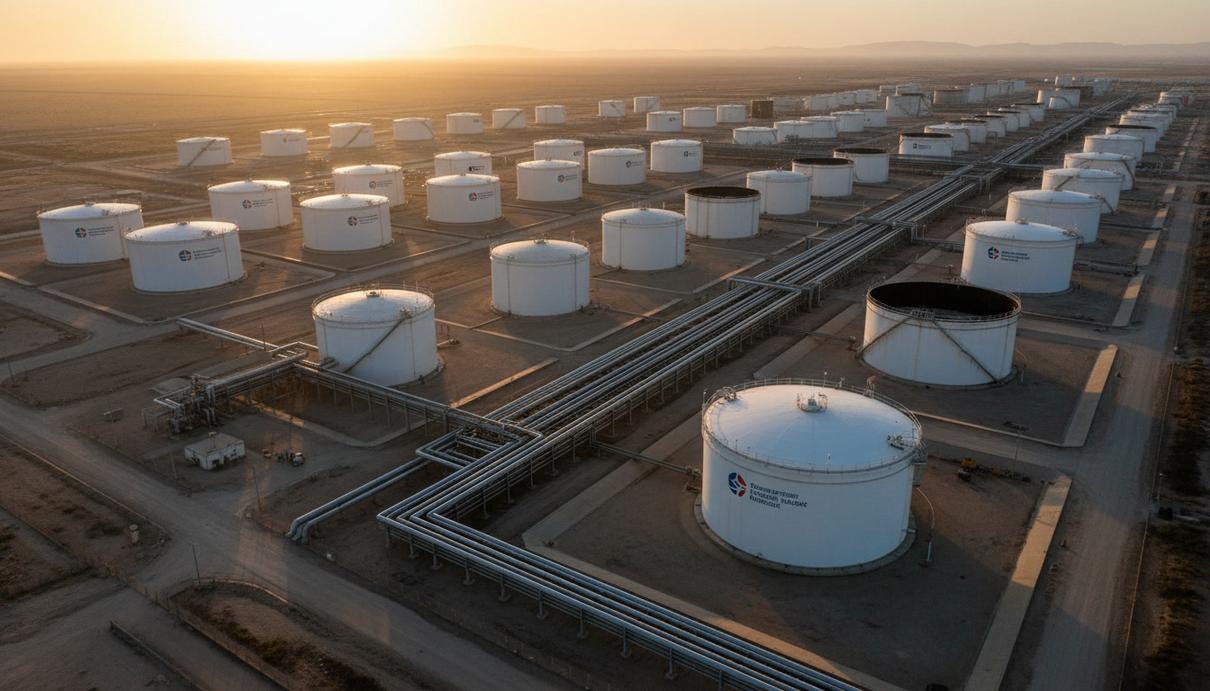 Ряды больших белых резервуаров для хранения нефти на промышленном объекте, соединенных трубопроводами. Вид с воздуха на рассвете.