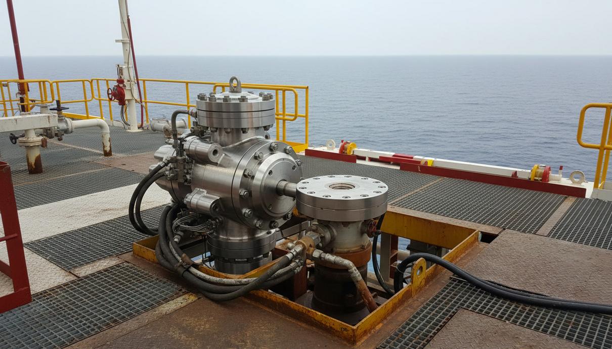 Новый сверхкомпактный противовыбросовый превентор на палубе морской нефтегазовой платформы рядом с устьем скважины.