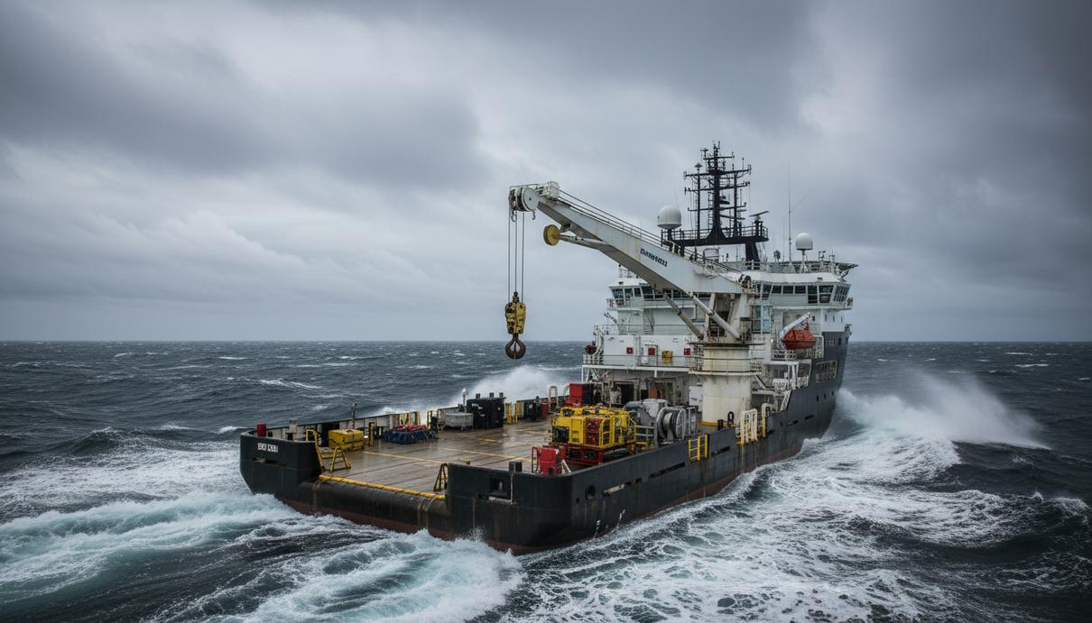Hornbeck Offshore получила контракт на ликвидацию скважин в Северном море Специализированное судно для внутрискважинных работ в суровых водах Северного моря. На палубе кран и подводное оборудование.