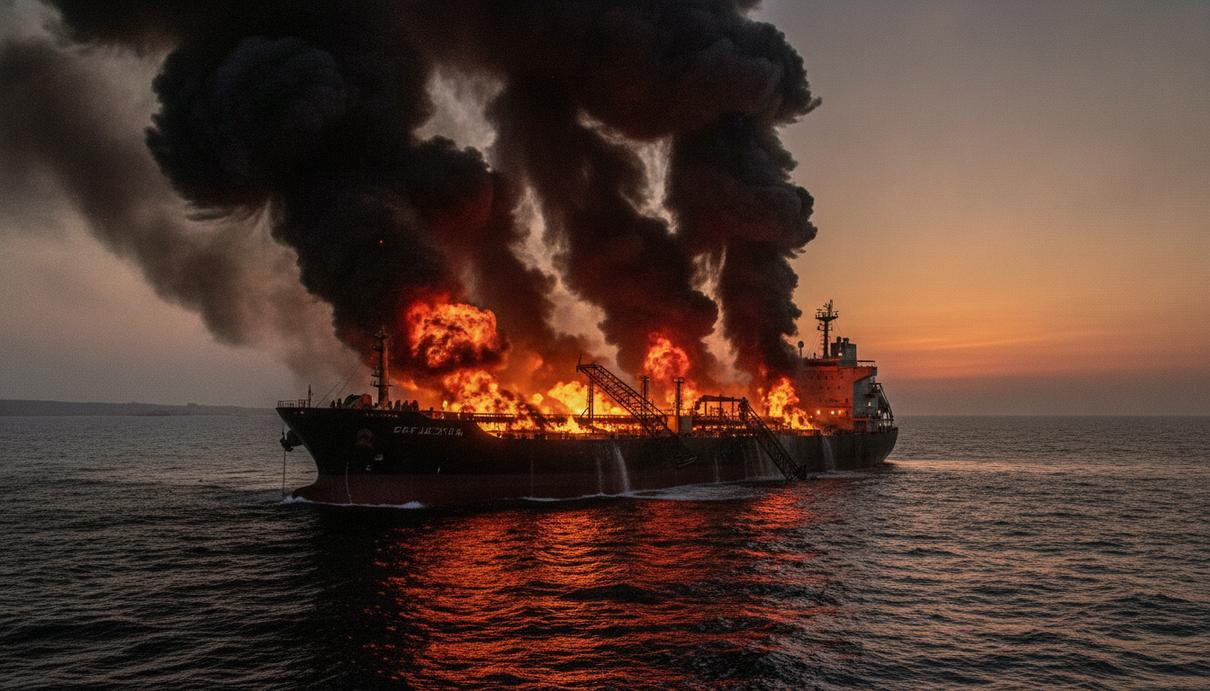 Нефть Brent торгуется у $108 из-за эскалации на Ближнем Востоке Нефтяной танкер горит в Ормузском проливе на закате, в небо поднимаются клубы черного дыма.