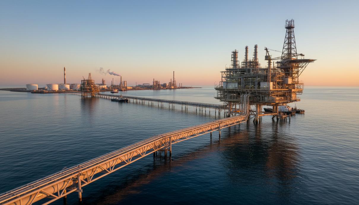 Морская газодобывающая платформа в океане у побережья Западной Австралии на фоне береговой линии с заводом СПГ.