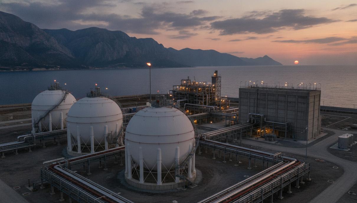 Argent LNG изучает строительство СПГ-терминала в Албании на 5 млн тонн Современный СПГ-терминал с большими белыми резервуарами для хранения газа на побережье Адриатического моря в Албании.