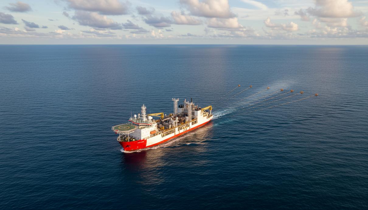 SLB и Shearwater начали сейсморазведку на шельфе Бразилии после нового открытия Сейсморазведочное судно в открытом океане у берегов Бразилии. Вид сверху на палубу с оборудованием и сейсмические косы в воде.