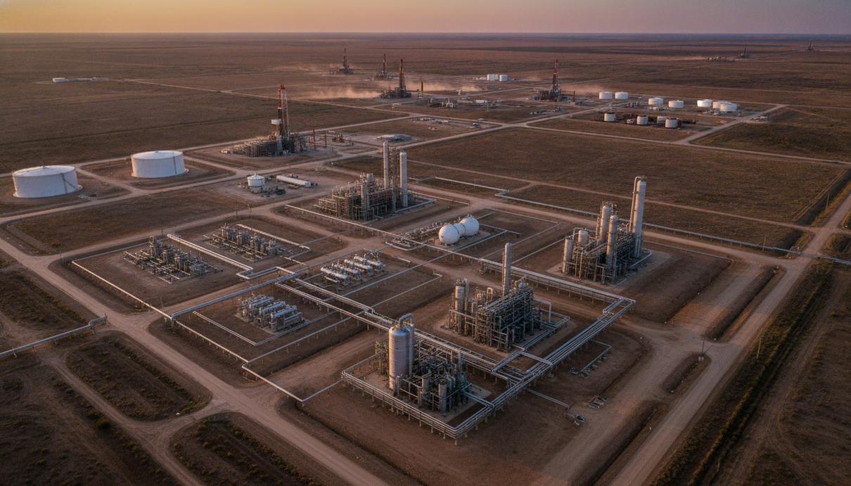 BKV Corp. расширила портфель активов на месторождении Barnett Газоперерабатывающий завод и буровые установки на сланцевом месторождении Barnett в Техасе на закате, вид с воздуха.