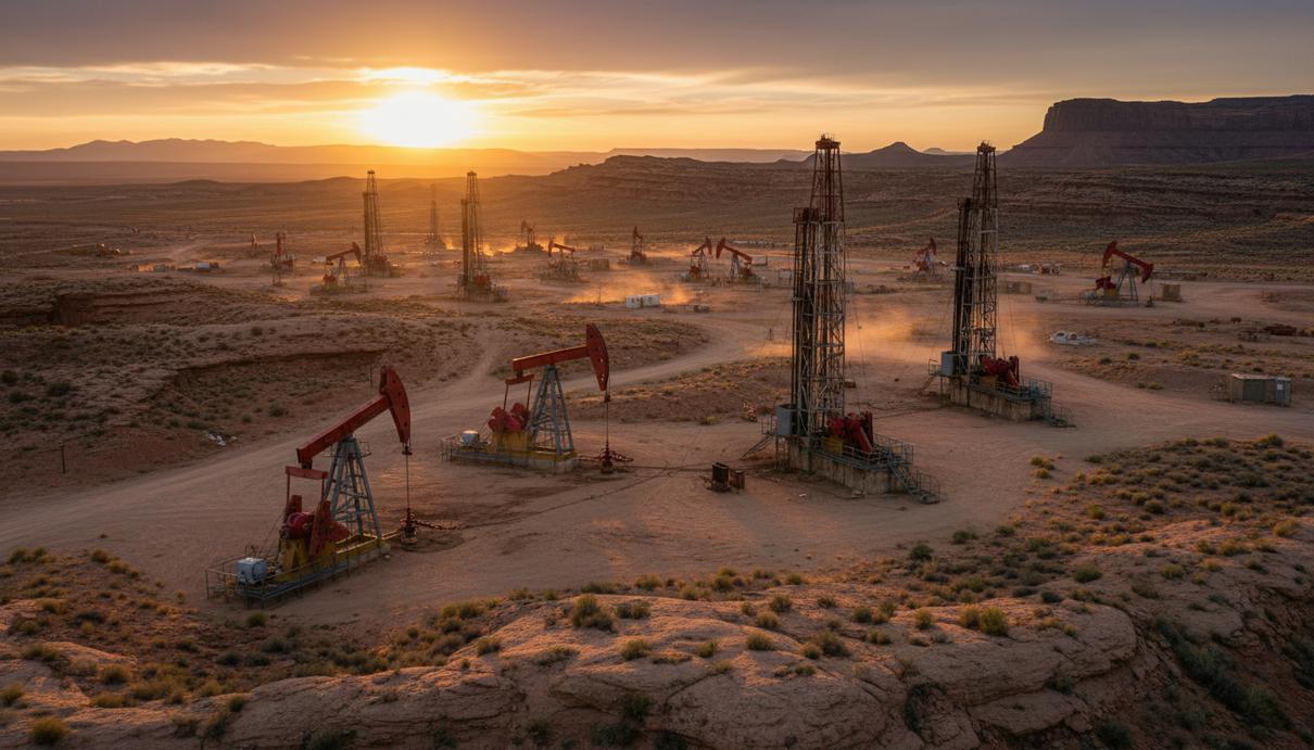 Нефтедобывающие установки и насосы-качалки в скалистом пустынном ландшафте бассейна Юинта в штате Юта на закате.