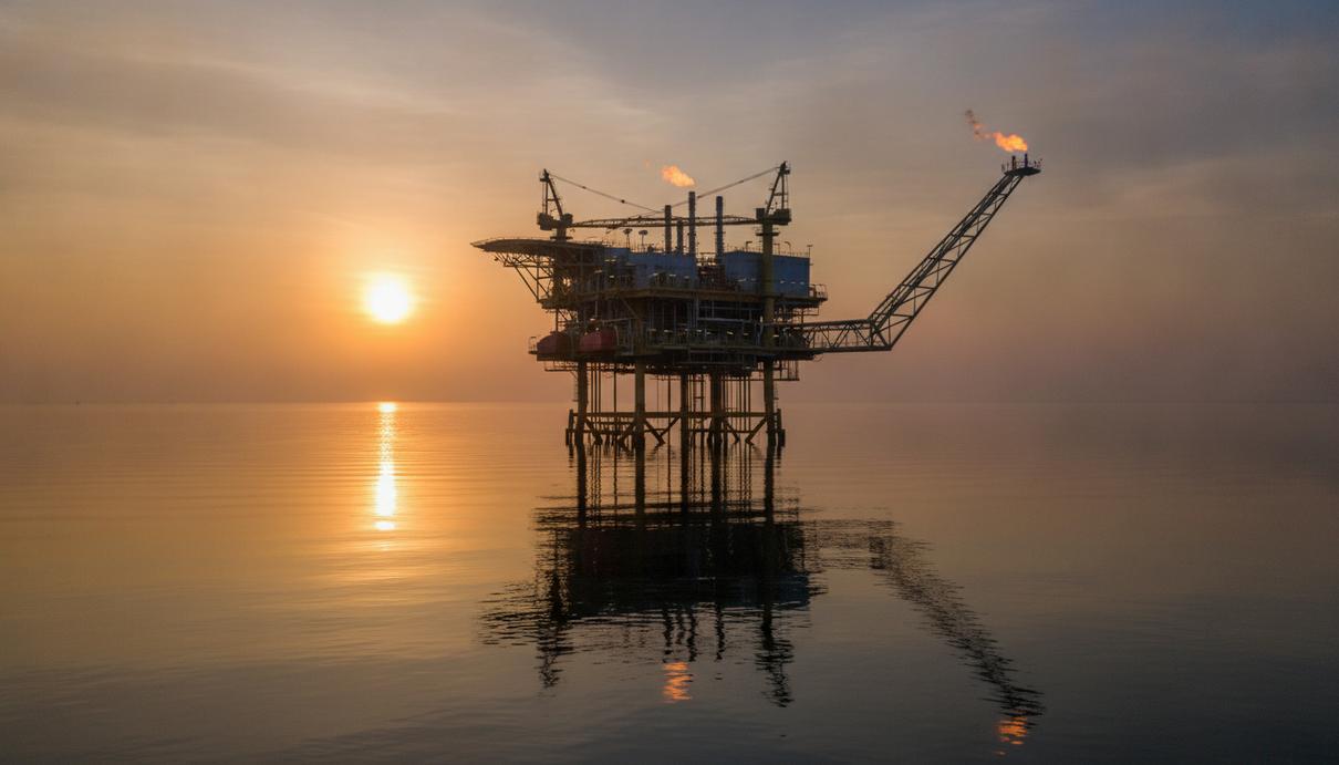 Таиланд одобрил вход Valeura Energy в два морских проекта PTTEP Морская нефтегазовая платформа в Сиамском заливе на рассвете. Спокойное море отражает солнечные лучи.