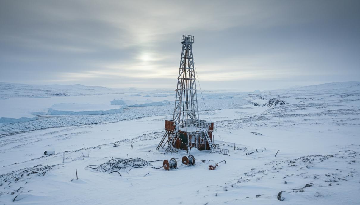 Нефтяная разведочная вышка в заснеженном арктическом ландшафте Восточной Гренландии. Буровая установка стоит среди ледяных фьордов.