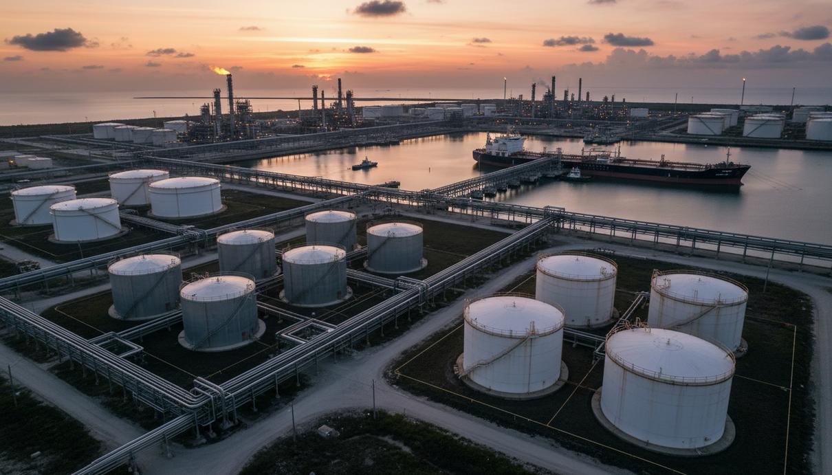 Нефтеперерабатывающий завод на побережье Мексиканского залива с резервуарами и промышленными установками на рассвете.