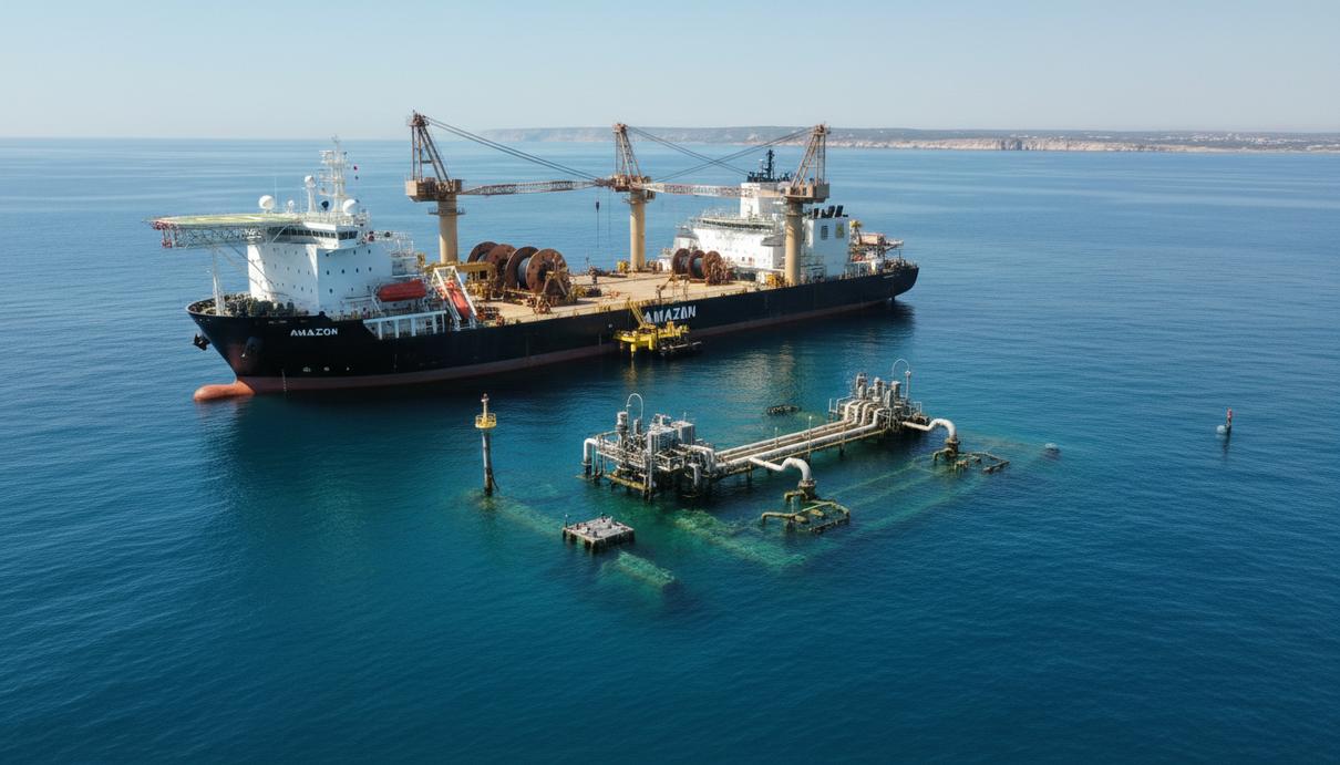 Глубоководное строительное судно в Средиземном море у побережья Кипра, рядом с подводной инфраструктурой для добычи газа.