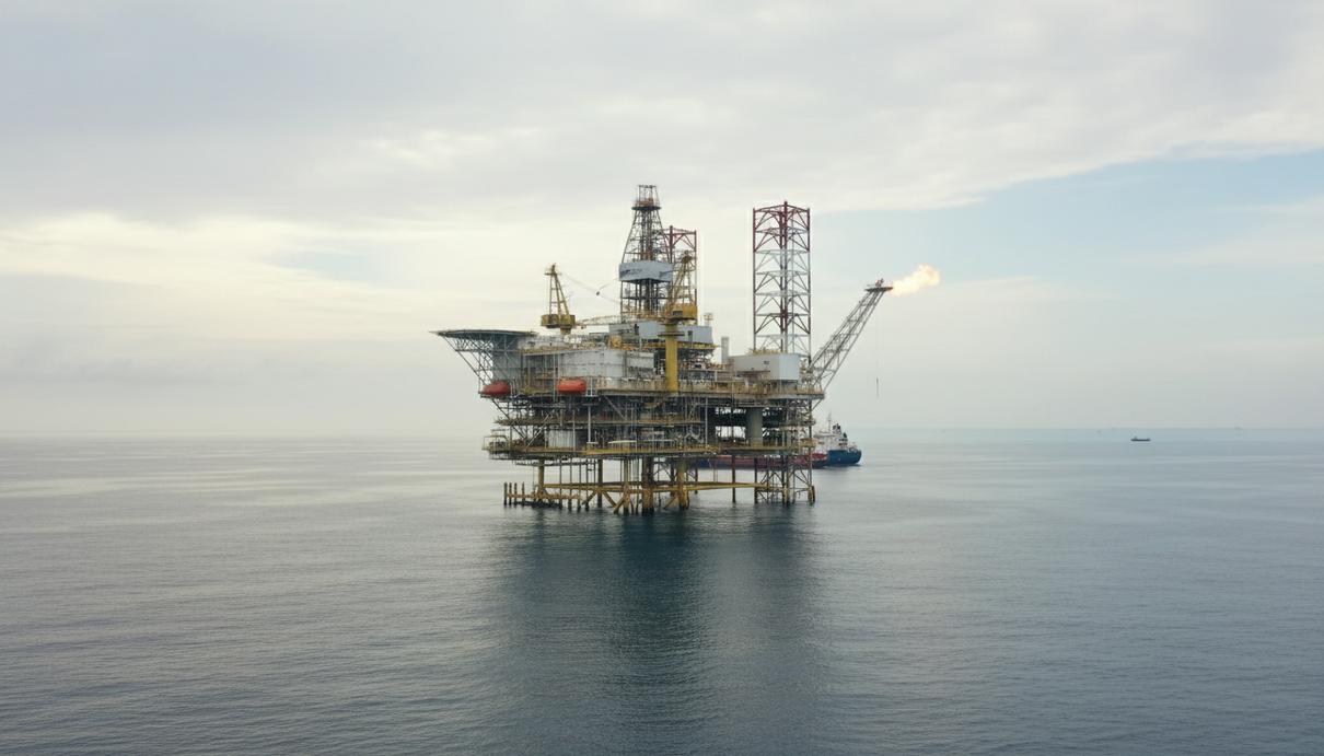 Морская нефтедобывающая платформа в Гвинейском заливе у побережья Ганы на фоне пасмурного неба. Промышленный объект в море.