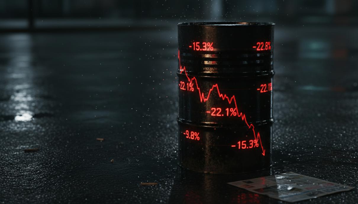 Черная нефтяная бочка стоит на мокром асфальте ночью. На ее глянцевой поверхности отражаются красные цифры падающего биржевого графика.