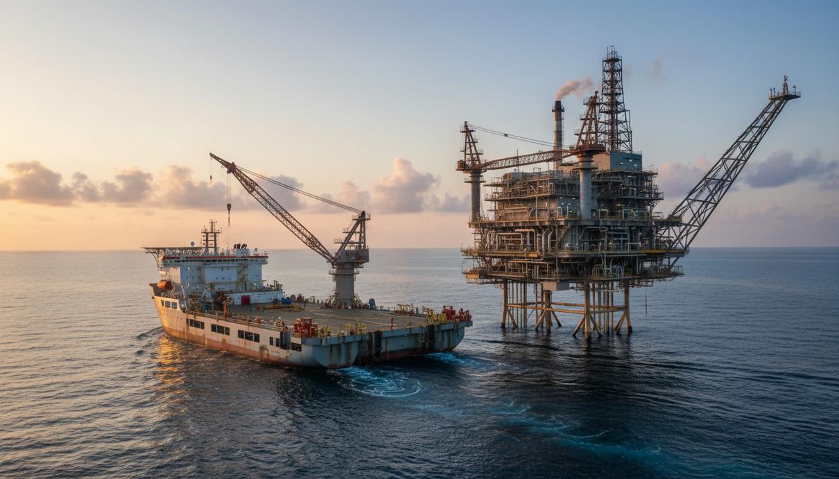 Большое морское судно обеспечения с краном на палубе на фоне нефтегазовой платформы в открытом море на рассвете.
