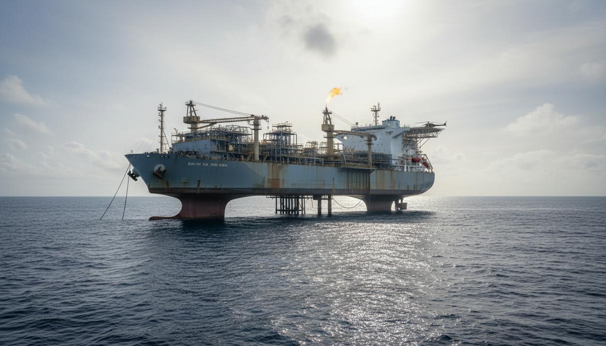 Плавучая установка для добычи, хранения и отгрузки нефти (FPSO) в Атлантическом океане у побережья Анголы. Промышленное судно на фоне морского пейзажа.