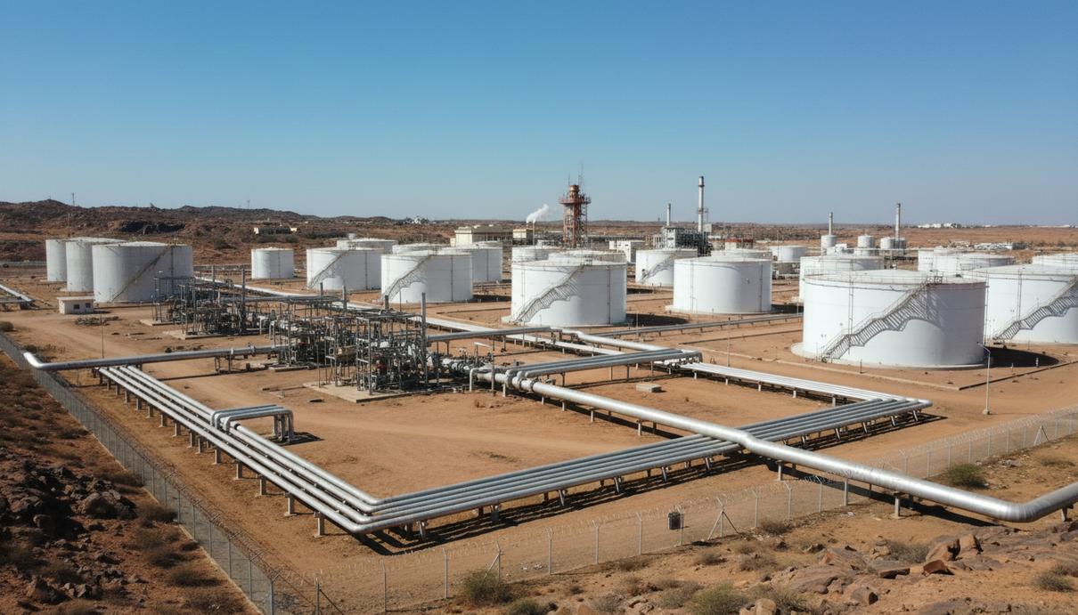 Крупные резервуары для хранения нефти и сеть трубопроводов на территории промышленного объекта в южной Индии.