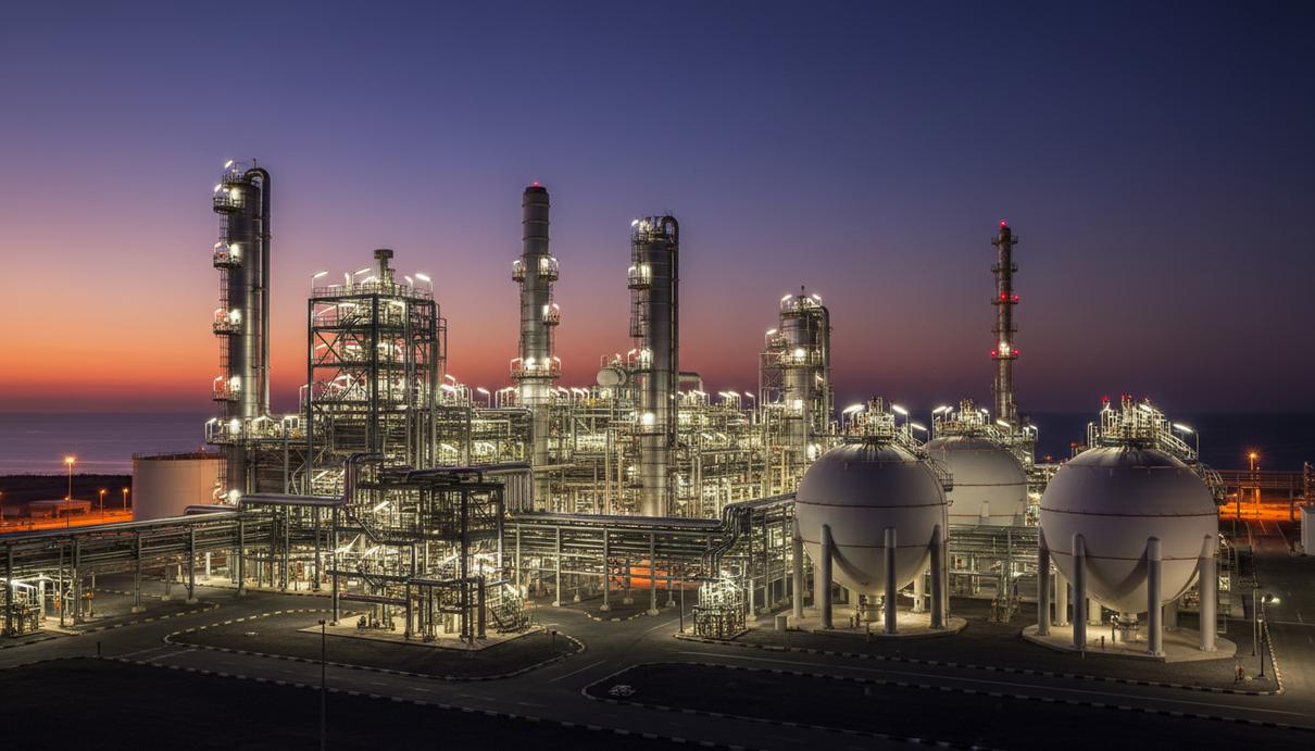 ADNOC расширит поставки СПГ в Германию и инвестирует в ее промышленность Крупный современный завод по сжижению природного газа и резервуары для хранения СПГ в промышленной зоне Рувайс, ОАЭ.