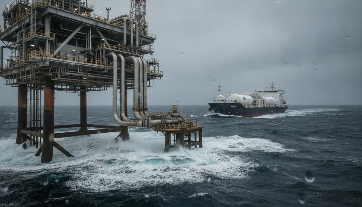 INEOS запустила первое в ЕС морское хранилище CO₂ в Дании Морская платформа для закачки CO₂ и специализированное судно-газовоз в Северном море на фоне пасмурного неба.