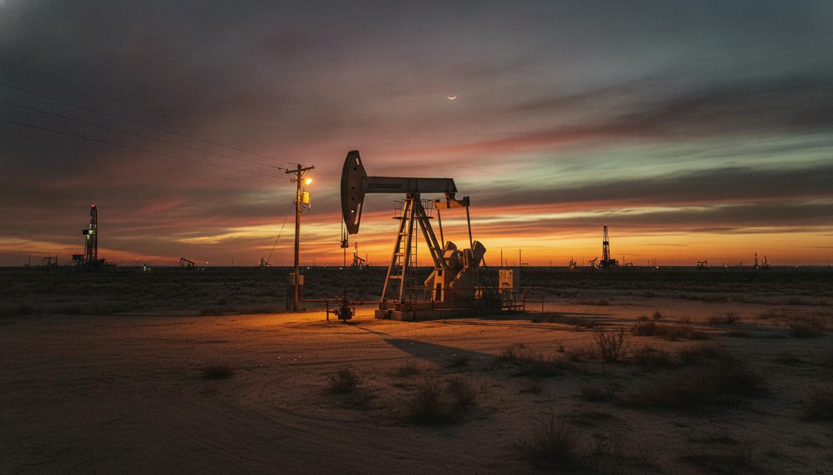 Ichthys Energy продала часть активов в Пермском бассейне Нефтяная вышка-качалка на месторождении в пустынном ландшафте Пермского бассейна в Нью-Мексико на закате.