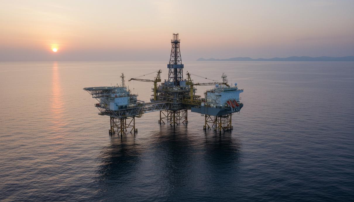 Eni получила 100% в новом глубоководном блоке у берегов Индонезии Морская платформа для разведки нефти и газа в открытом океане у побережья Индонезии на рассвете.