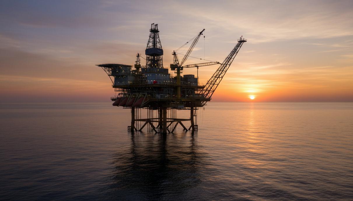 Shell войдет в проекты bp в Бразилии и Мексиканском заливе Морская глубоководная платформа для разведки и добычи углеводородов в открытом океане на закате.